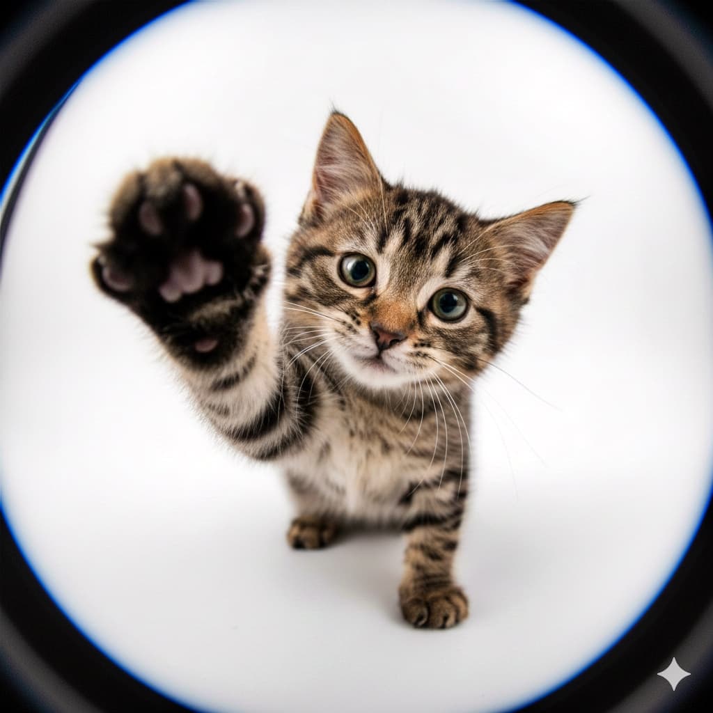 「パンチ炸裂!?🐾魚眼レンズでのぞいた、ドアップな子猫のやんちゃ顔が可愛すぎて目が離せないっ!✨」A close-up fisheye lens shot of a tabby kitten stretching its large paw toward the camera, featuring a cute distorted face and a playful expression against a bright white background. 魚眼レンズで超至近距離から撮影されたトラ猫の子猫。大きな肉球をカメラに伸ばし、ゆがんだ顔が愛くるしい、白背景の躍動感あふれるカット