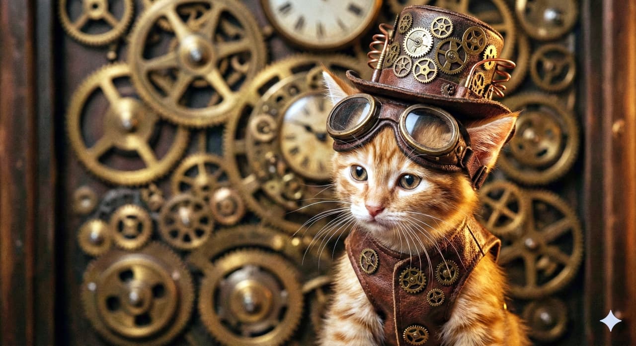 「「時間は正確だニャ🕰️」スチームパンクな子猫、歯車の世界で冒険の準備完了!ゴーグルが似合いすぎ⚙️✨」A close-up portrait of a ginger kitten dressed in Steampunk attire, featuring vintage leather aviator goggles and a small hat adorned with brass gears. The kitten also wears a leather vest with gear details. The background is filled with blurred brass gears and clockwork mechanisms, with dramatic warm lighting highlighting the rich textures of worn leather, metal, and soft fur. 大小様々な真鍮製の歯車や時計仕掛けが背景を埋め尽くす中、スチームパンク風の衣装を身にまとった茶トラの子猫のクローズアップ。ヴィンテージな革製の飛行士用ゴーグルと歯車で飾られた小さな帽子、そして歯車のついた革ベストを着用している。使い込まれた革や真鍮の質感と、子猫の柔らかな毛並みが温かみのある照明で詳細に描かれた画像