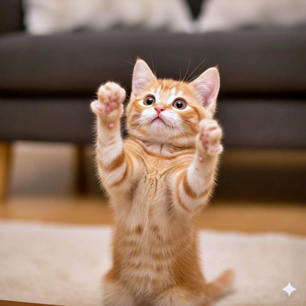 「お願い、それちょうだいニャ!🐾必死すぎて立ち上がっちゃった、食いしん坊な天使の全力おねだり✨」A side profile of a cute kitten standing on its hind legs, reaching up with its paws. It has an eager expression and wide eyes, set against a blurred living room background. リビングを背景に、後ろ足で立ち上がって前足を伸ばす子猫の横顔。おねだりするように目を大きく見開き、懸命に手を伸ばす愛らしくも面白い瞬間