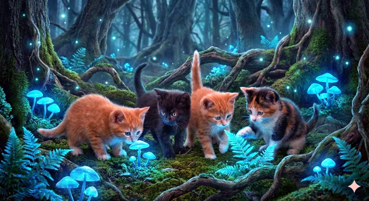 「魔法の森で大冒険!✨ 青く光るキノコに興味津々な子猫たち。幻想的な世界観に引き込まれます🍄💙」A photorealistic fantasy image of four kittens (orange tabbies, a black kitten, and a calico) exploring a dark forest floor at night. They are surrounded by glowing blue bioluminescent mushrooms and ferns, which cast a soft, magical light on their curious faces as they investigate the environment. 夜の幻想的な森の地面で、青く発光する魔法のキノコやシダ植物に囲まれて探検している4匹の子猫たち(茶トラ、黒猫、三毛猫)。生物発光の柔らかな青い光が、植物に触れようとしたり匂いを嗅いだりしている子猫たちの興味津々な顔を照らしている、フォトリアルで神秘的なファンタジー画像