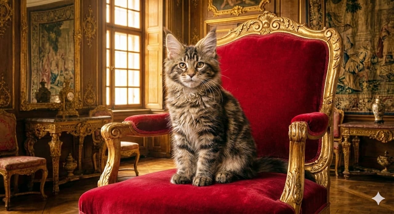 「「苦しゅうない」なんて言いそう?赤い玉座のメインクーン子猫、王族の貫禄たっぷりです👑🌹」A majestic, photorealistic portrait of a Maine Coon kitten sitting on a red velvet throne with gold trim. Set in a Baroque-style interior with intricate gold details, the lighting resembles a classic oil painting, highlighting the rich textures of the velvet and the kitten's fluffy fur. 金色の装飾が施されたバロック様式の豪華な部屋で、赤いベルベットの玉座に鎮座しているメインクーンの子猫。古典的な油絵のような照明が、ベルベットの質感と子猫の豊かな毛並みを際立たせている、威厳と気品に満ちたフォトリアルな肖像画風の画像