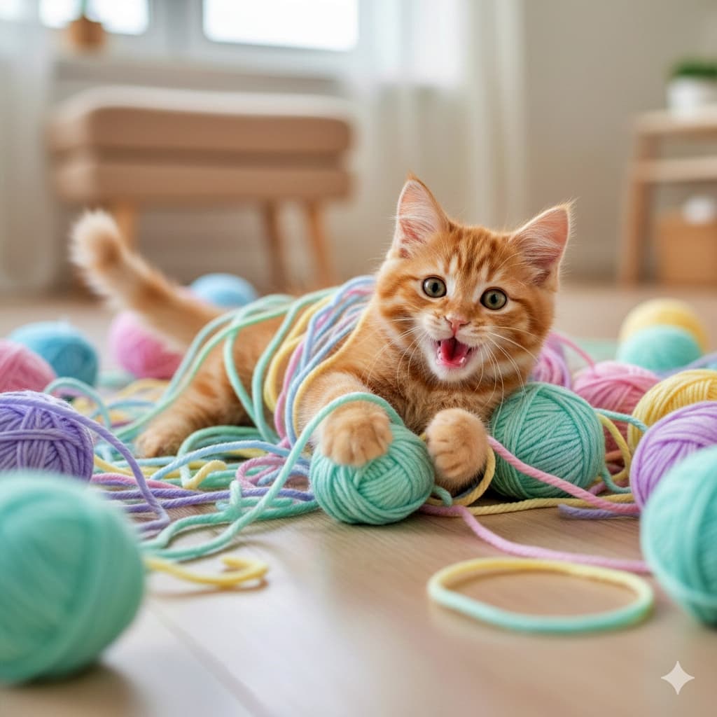 「おっとっと!毛糸にからまっちゃったニャ🧶✨夢中で遊ぶやんちゃな姿に、こっちまで笑顔になっちゃう!🐾」A dynamic action shot of an orange tabby kitten tangled in colorful knitting yarn on the floor, rolling around with a joyful expression in a soft-focus pastel background. パステルカラーの柔らかな背景の中、床の上でカラフルな毛糸に絡まりながら、楽しそうな表情で転がって遊んでいるオレンジ色のトラ猫の子猫の躍動感あふれるショット
