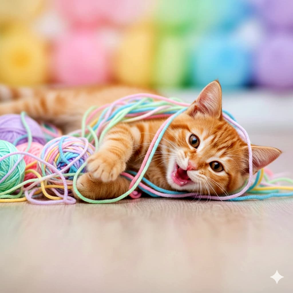 「毛糸の迷路に迷い込んじゃったニャ🧶✨ 転がって、跳ねて、楽しさ100%のわんぱくタイム!🐾」A dynamic action shot of an orange tabby kitten playfully tangled in colorful pastel knitting yarn. The kitten is rolling on its back with a joyful expression, captured with a soft-focus background that highlights the movement and soft fur texture. パステルカラーのカラフルな毛糸に楽しそうに絡まっているオレンジ色のトラ猫の子猫。床の上で転がりながら、無邪気な表情を見せる躍動感あふれる瞬間を、柔らかい背景の中で捉えたクローズアップ
