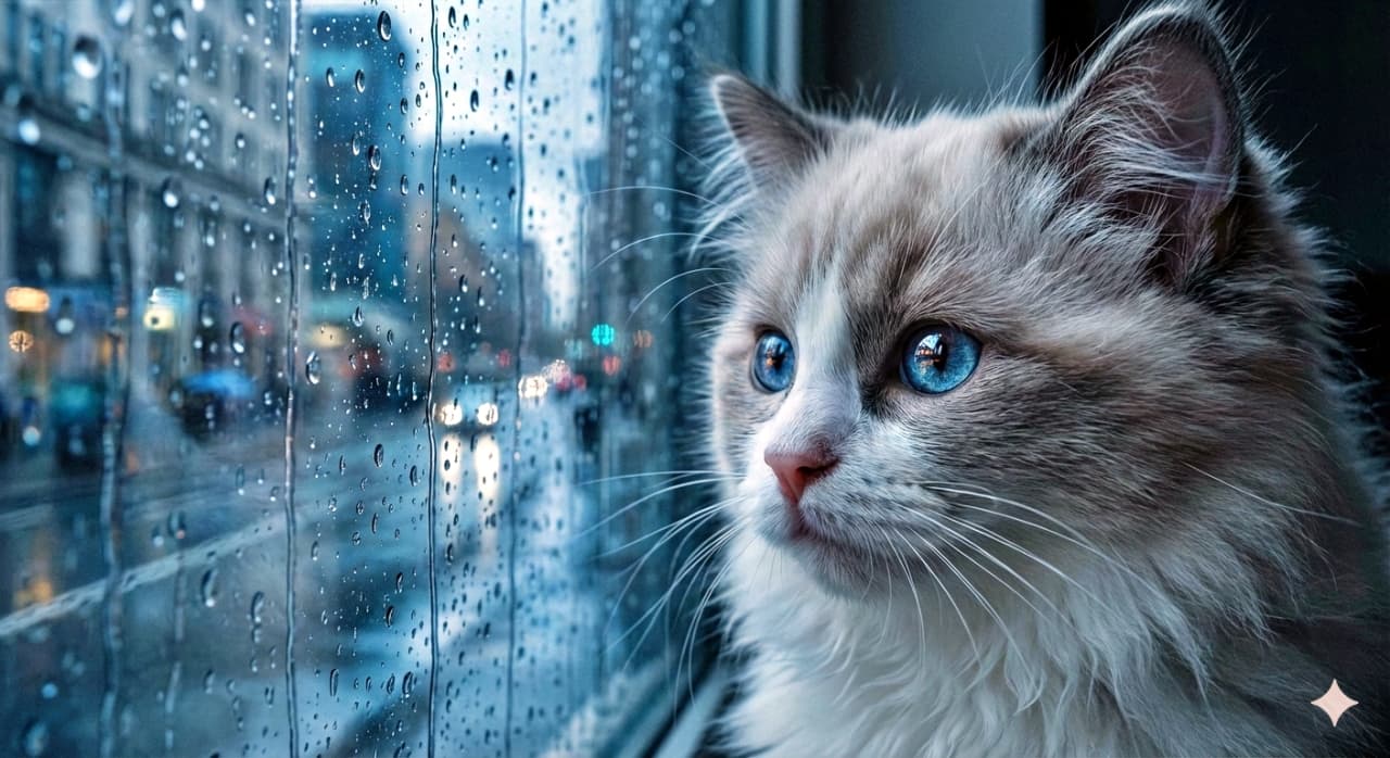 「雨音を聞きながら物思いにふける…☔ ラグドール子猫の青い瞳に映る世界が美しすぎます🥺✨」A hyper-realistic close-up of a fluffy Ragdoll kitten gazing out a window covered in raindrops. Set in moody blue and grey lighting, the kitten's large, detailed blue eyes reflect the city lights outside. Every strand of its fur is sharply rendered, creating a cinematic atmosphere. 雨粒が無数についた窓ガラス越しに外を見つめる、ふわふわなラグドール子猫の超リアルなクローズアップ。青とグレーを基調としたムーディーな照明の中、子猫の大きな青い瞳には街の明かりが反射して映り込んでいる。毛の一本一本まで鮮明に描写された、映画のような雰囲気のフォトリアルな画像