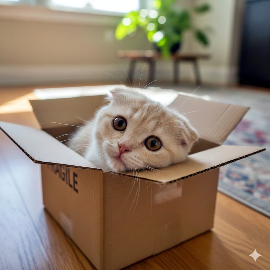「お届け物ですニャ!📦✨ 箱からひょっこり顔を出す、まん丸おめめの天使すぎる子猫に癒やされて🐾」A cute cream-colored Scottish Fold kitten with big round eyes sitting inside a small cardboard delivery box, looking up at the camera in a bright, sunlit room. 明るい日差しの中、小さな段ボール箱に入って大きな丸い瞳でカメラを見上げる、クリーム色の可愛いスコティッシュフォールドの子猫