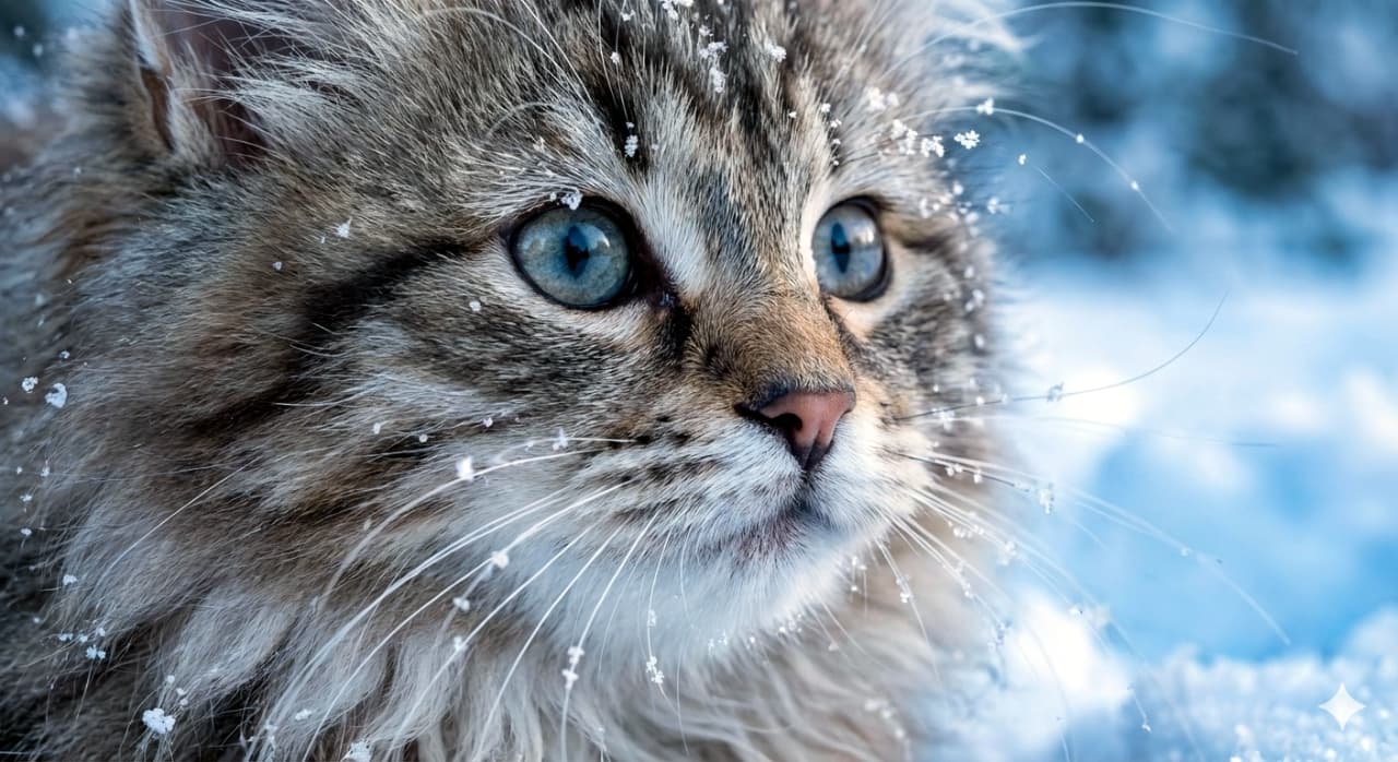 「「寒くないの?」まつ毛に雪の結晶を乗せたサイベリアン子猫❄️ 神秘的な瞳に吸い込まれそうです🥺💙」An extreme macro shot of a Siberian kitten's face in the snow, captured in a National Geographic style. Tiny, detailed snowflakes rest delicately on its long whiskers and eyelashes. The image features sharp focus on the kitten's blue eyes and nose, contrasting its thick, warm fur against a cold, blurry blue snowy background. 一面の雪景色を背景にした、サイベリアン子猫の顔の超クローズアップ写真(マクロ撮影)。長いひげやまつげに繊細な六角形の雪の結晶が静かに降り積もっている。寒さに耐える厚い毛並みの質感と、透き通るような青い瞳が鮮明に描写された、ナショナルジオグラフィック風の高品質な一枚