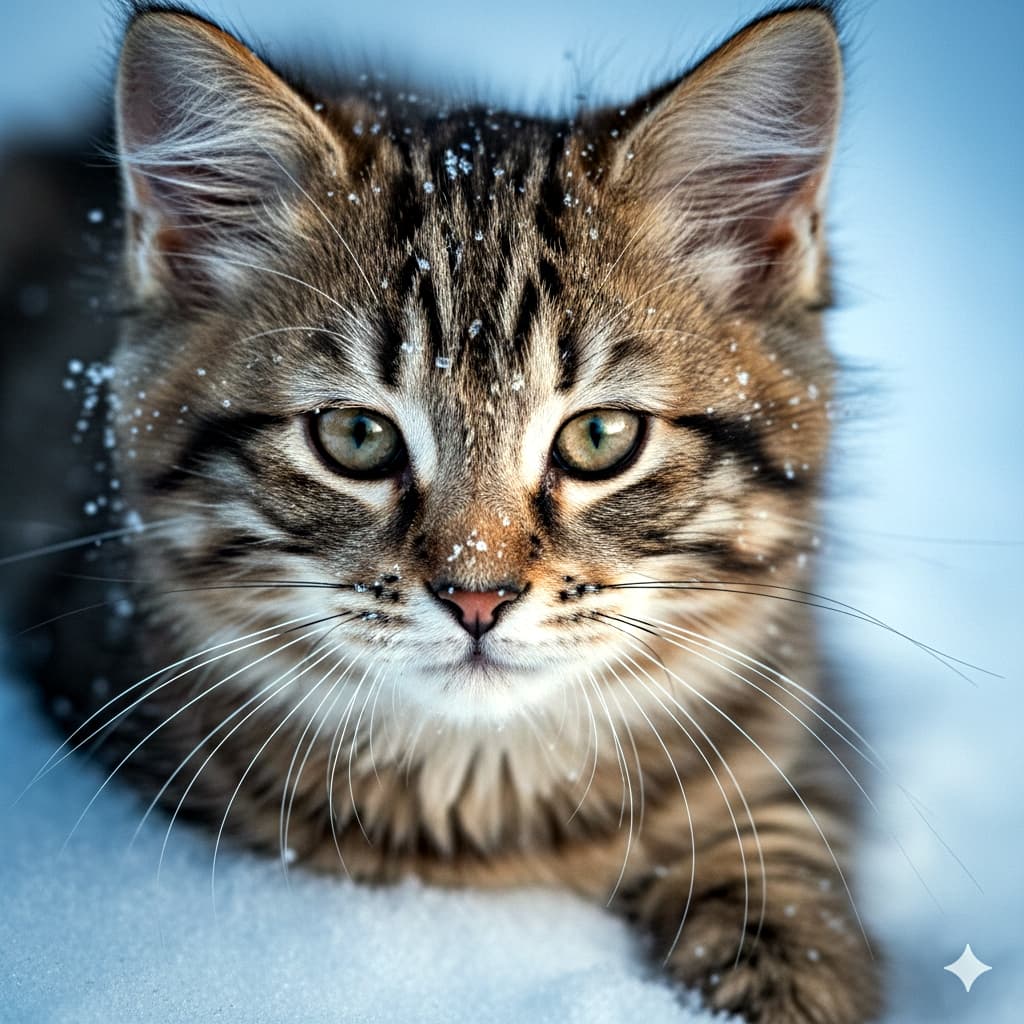 「お鼻に雪がちょこん❄️ 真正面から見つめるサイベリアン子猫、冬の寒さも忘れる可愛さです🥺💕」A front-facing extreme macro portrait of a Siberian kitten with distinct tabby markings in the snow. Tiny snowflakes rest delicately on its nose, forehead, and long whiskers. The kitten stares directly at the camera with sharp focus on its eyes and wet nose, set against a cold, blurry blue winter background in a National Geographic style. 寒色系のボケた雪景色を背景に、真正面から捉えたサイベリアン子猫の顔の超クローズアップ(マクロ撮影)。特徴的な縞模様(タビー)の額や鼻、長いひげに雪の結晶が付着している。カメラを真っ直ぐに見つめる大きな瞳と、濡れた鼻先に焦点が合った、ナショナルジオグラフィック風の高品質な一枚