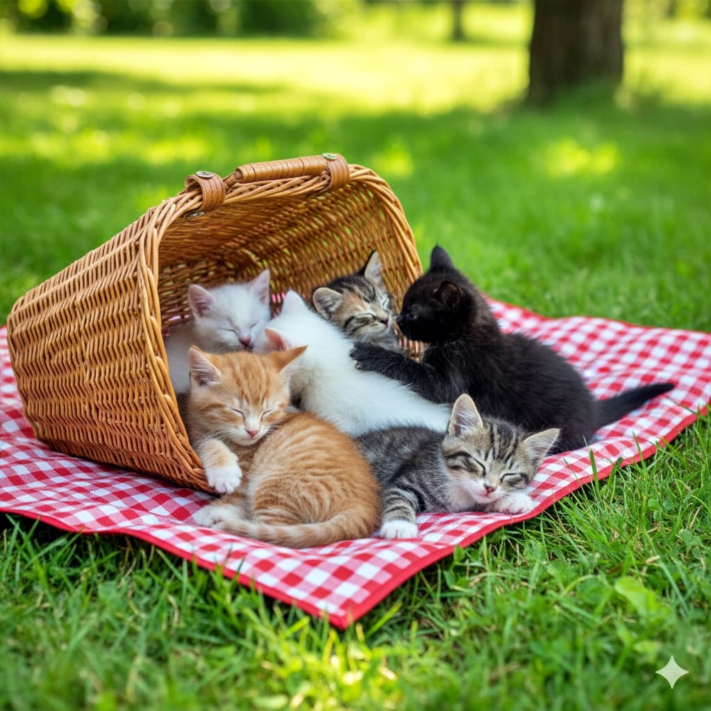 「ピクニック日和に猫が6匹も!?🧺☀️バスケットからあふれ出す可愛さ、これぞ最高の休日ニャ🐾」A heartwarming shot of six fluffy kittens with different colors playing and napping inside a woven picnic basket on a red-and-white checkered blanket in a sunny park. 晴れた日の公園で、赤と白のチェック柄ブランケットに置かれた編みかごのピクニックバスケットの中で、元気に遊んだりうたた寝したりしている6匹のカラフルな子猫たち