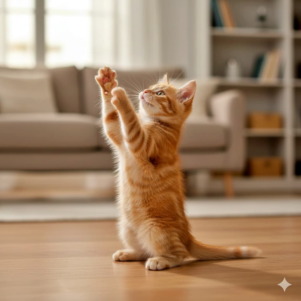 「届く、絶対届いてみせるニャ…!✨ 執念すら感じる、背筋ピン!な全力おねだりポーズ🐾」A dramatic low-angle shot of a kitten standing perfectly upright on its hind legs, reaching its paws high into the air. The lighting catches the tips of its fur, creating a glowing outline against the indoor setting. 真上に手を伸ばし、後ろ足だけで真っ直ぐに立ち上がった子猫を低いアングルから捉えたドラマチックな一枚。逆光気味の光が毛並みの縁を照らし、おねだりする姿を神々しく、かつユーモラスに引き立てている「あともう少し…届きそうだニャ!🐾 立ち上がって全力でおねだりする、食いしん坊な姿に完敗✨」