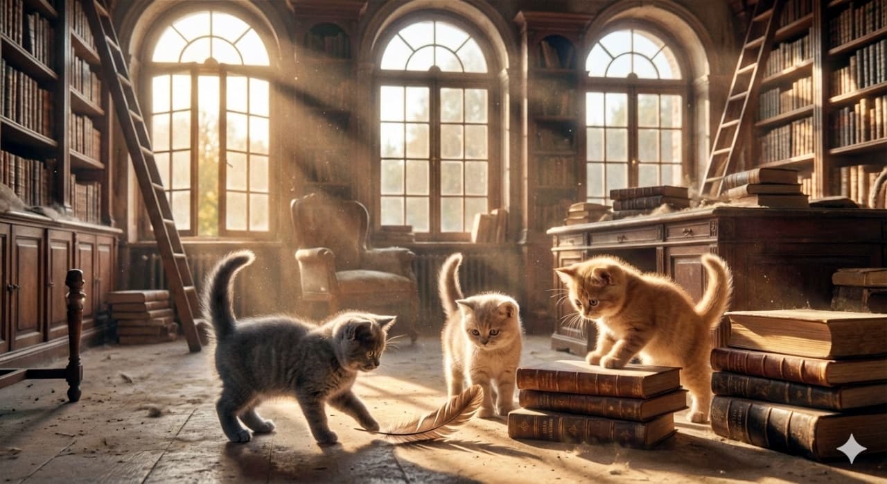 「絵本の世界に迷い込んだ?📚✨ 陽だまりの図書館で遊ぶ3匹の子猫、光と埃が幻想的すぎます🥺」Three British Shorthair kittens playing in an old, dusty library illuminated by shafts of golden sunlight streaming through high arched windows. Floating dust particles create a halo effect around the kittens as one paws at a feather on the floor and another stands on a stack of leather-bound books, creating a vintage, magical atmosphere. 高いアーチ型の窓から黄金色の陽光が差し込む古い図書館で遊んでいる、3匹のブリティッシュショートヘアの子猫。光に照らされて埃がキラキラと舞う中、床の羽根にじゃれつくグレーの子猫、積まれた本の上に乗る茶トラの子猫など、ヴィンテージな空間で無邪気に過ごす様子を描いたフォトリアルな画像