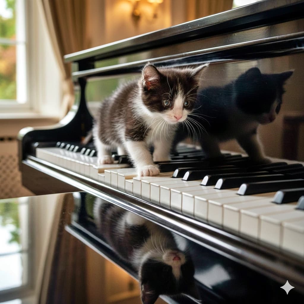 「ボクの毛色とお揃いのステージだニャ🎹 鍵盤を歩けば、世界にひとつだけのメロディが響き出すよ🎶」A black and white tuxedo kitten walking across the white keys of a grand piano. Its fur color matches the black and white keys, and its reflection is visible on the polished, glossy surface of the piano. グランドピアノの白い鍵盤の上を歩く白黒のハチワレ子猫。ピアノの黒白と猫の毛色がリンクしており、光沢のあるピアノの表面には子猫の姿が美しく反射している