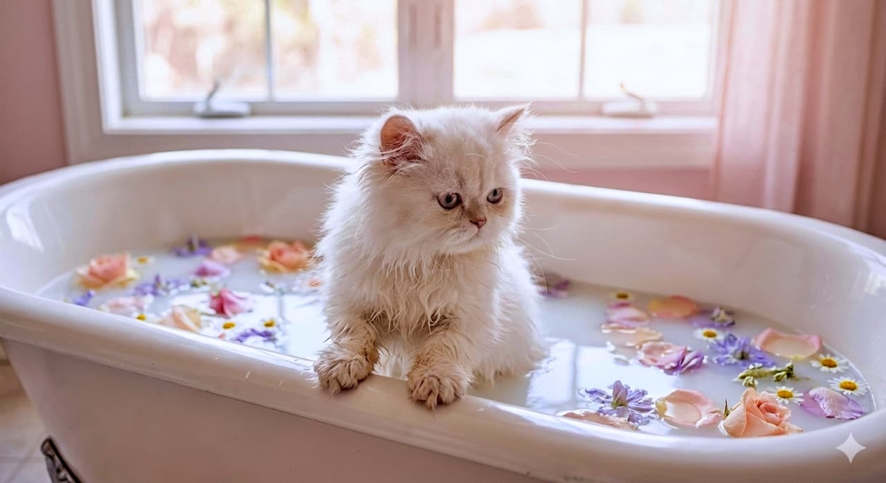 「お姫様のバスタイム?🛁 ミルクと花びらに包まれたペルシャ子猫。優雅すぎて見とれちゃいます🌸💕」A high-key, photorealistic image of a white Persian kitten sitting in a vintage bathtub filled with milk and colorful floating flower petals. The soft, diffuse lighting highlights the delicate texture of the kitten's wet fur on its paws and the pastel flowers, creating a dreamy, spa-like atmosphere. 柔らかな自然光が降り注ぐ中、ミルクと色とりどりの花びら(ピンク、紫、黄色)が浮かぶヴィンテージ風のバスタブの中に座っている白いペルシャの子猫。濡れた前足の毛の質感や、水面に浮かぶ繊細な花びらが高解像度で描写された、パステルカラー調のハイキーで幻想的な写真