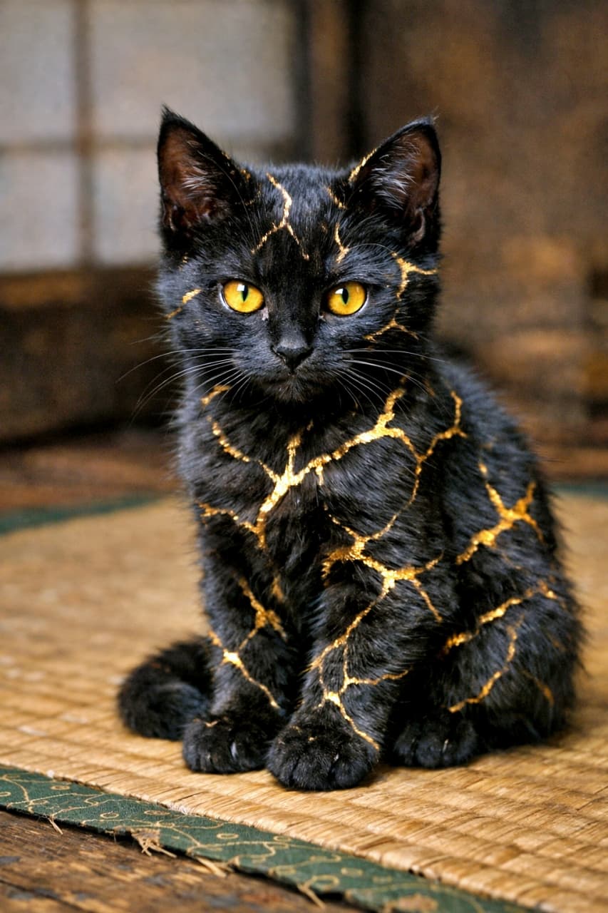 「静けさの中で、そっと輝く金の線。和の空気に溶け込む、金継ぎ黒猫さん」A black kitten with subtle gold kintsugi-style patterns across its fur, sitting quietly on an aged tatami mat, softly lit in a traditional Japanese room. 金継ぎ風の金色模様が控えめに入った黒い子猫が、古い畳の上に静かに座る和室の写真