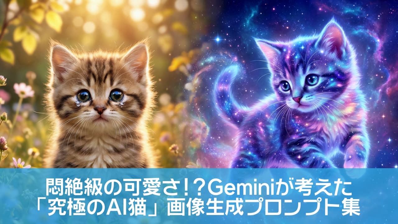 「ふわふわの癒やしとキラキラの幻想。2つの世界が溶け合う、魔法のブログへようこそ！🌸🌌✨」A wide horizontal photograph for a blog header, showing a seamlessly blended split scene. The left half features a super cute, impossibly fluffy, natural-colored kitten with huge eyes surrounded by soft flowers and warm light. The right half shows a fantasy kitten with glowing galaxy and pastel pink fur, surrounded by sparkling stars and cosmic dust. High resolution, cinematic lighting, magical atmosphere. ブログヘッダー用の横長写真。中央でシームレスに融合する2つの世界が描かれている。左半分は、柔らかな花々と温かい光に包まれた、大きな瞳の超ふわふわな自然色の子猫。右半分は、輝く星々と宇宙の塵に囲まれた、発光する銀河とパステルピンクの毛並みを持つファンタジー子猫。魔法のような雰囲気のシネマティックな高解像度画像
