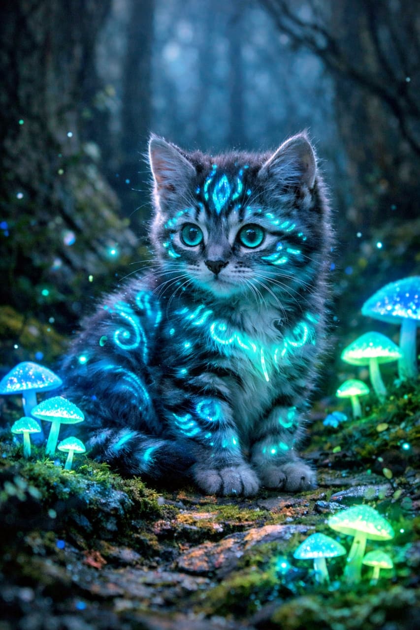 「闇の森でひっそり光る、魔法の子猫。キノコの灯りと一緒に、夢の世界へ誘われる一瞬✨」A fantasy kitten with glowing blue and green bioluminescent patterns on its fur, sitting in a dark ancient forest at night, surrounded by softly glowing mushrooms in a magical realism style. 夜の古代の森で、青と緑に淡く光る発光模様の毛並みを持つ幻想的な子猫が、光るキノコに囲まれて佇んでいる魔法的リアリズム風の画像