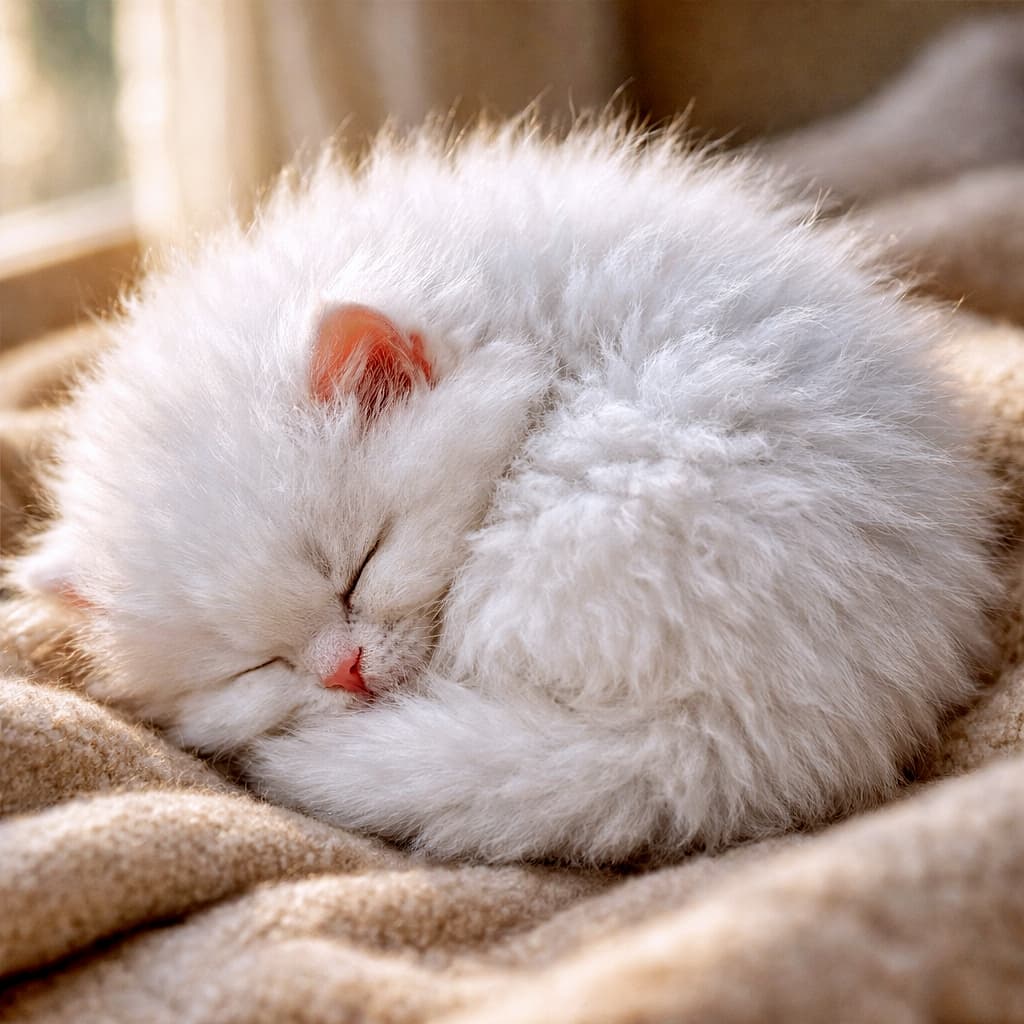 「ふわふわすぎて丸になった。陽だまりで眠る、白い綿毛のかたまり」A super fluffy white kitten curled into a perfect round ball, sleeping peacefully on a soft cashmere blanket in warm sunlight 柔らかなカシミヤのブランケットの上で、丸くなって眠る真っ白でふわふわの子猫