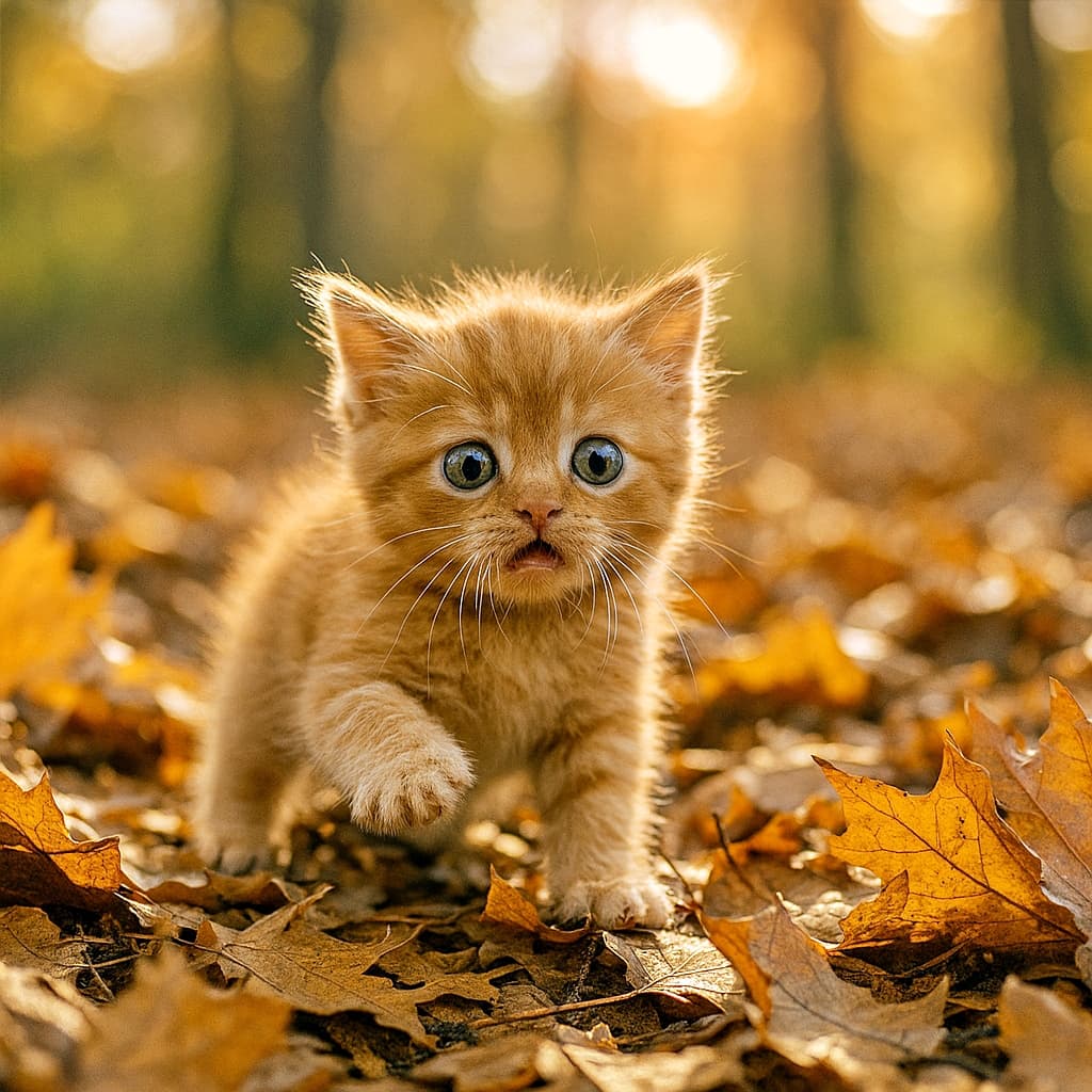 「えっ…この葉っぱ、でかすぎない!? 🍁🐾」A tiny, fluffy ginger kitten with short legs stumbles through a pile of oversized autumn leaves, looking surprised as sunlight filters through the trees. A tiny, fluffy ginger kitten with short legs stumbles through a pile of oversized autumn leaves, looking surprised as sunlight filters through the trees.