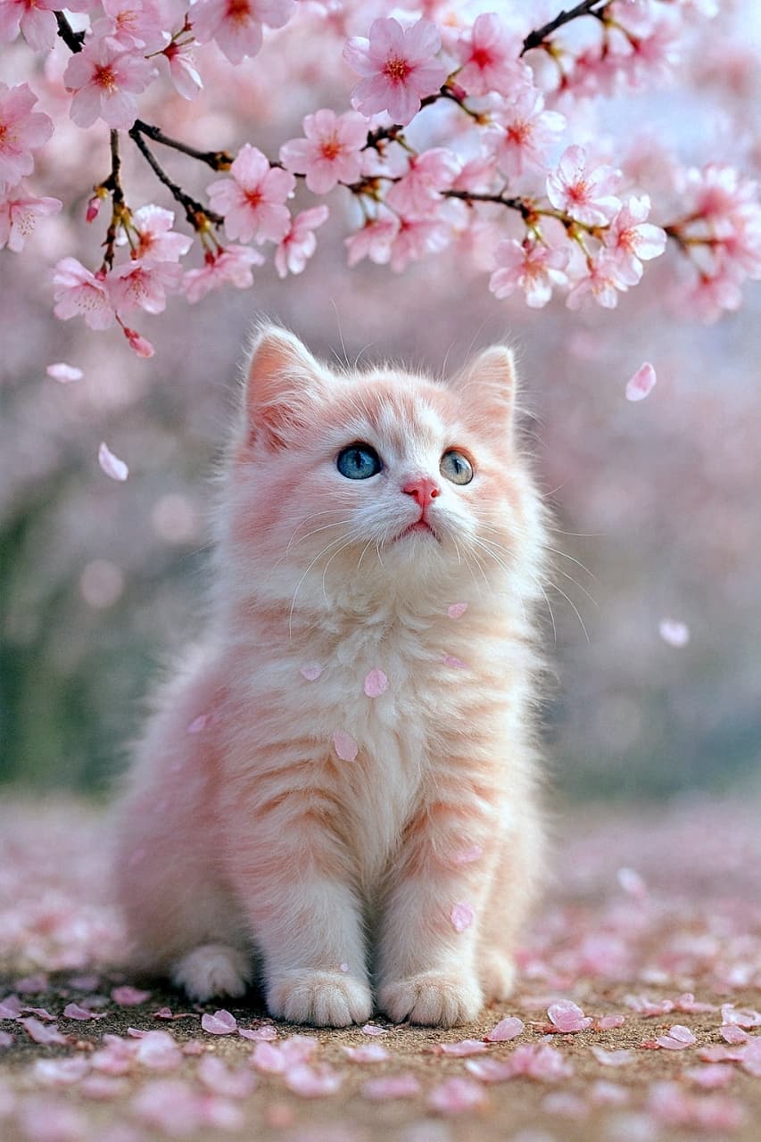 「ふわり舞う春の魔法に、ちいさな心がそっとときめく」A photorealistic fluffy kitten with pastel sakura‑pink and soft‑cream fur sits beneath blooming cherry‑blossom branches, looking upward. Several petals rest gently on its coat. Soft, dreamy spring lighting surrounds the scene. 桜色とクリーム色のパステル調の毛並みをもつふわふわの子猫が、満開の桜の枝の下で上を見上げて座っている。毛には花びらがそっと乗り、柔らかく夢のような春の光に包まれている
