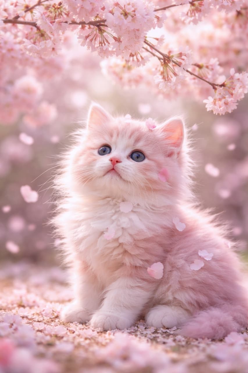 「桜色のもふもふに、ひらり花びら。春のやさしさを全部まとった子猫さん🌸」A fluffy kitten with pastel pink and cream fur sitting under blooming cherry blossoms, looking up as soft petals rest on its fur in gentle, dreamy light. 桜が咲き誇る木の下で、花びらを毛並みにまとい、見上げる淡いピンクとクリーム色のふわふわな子猫