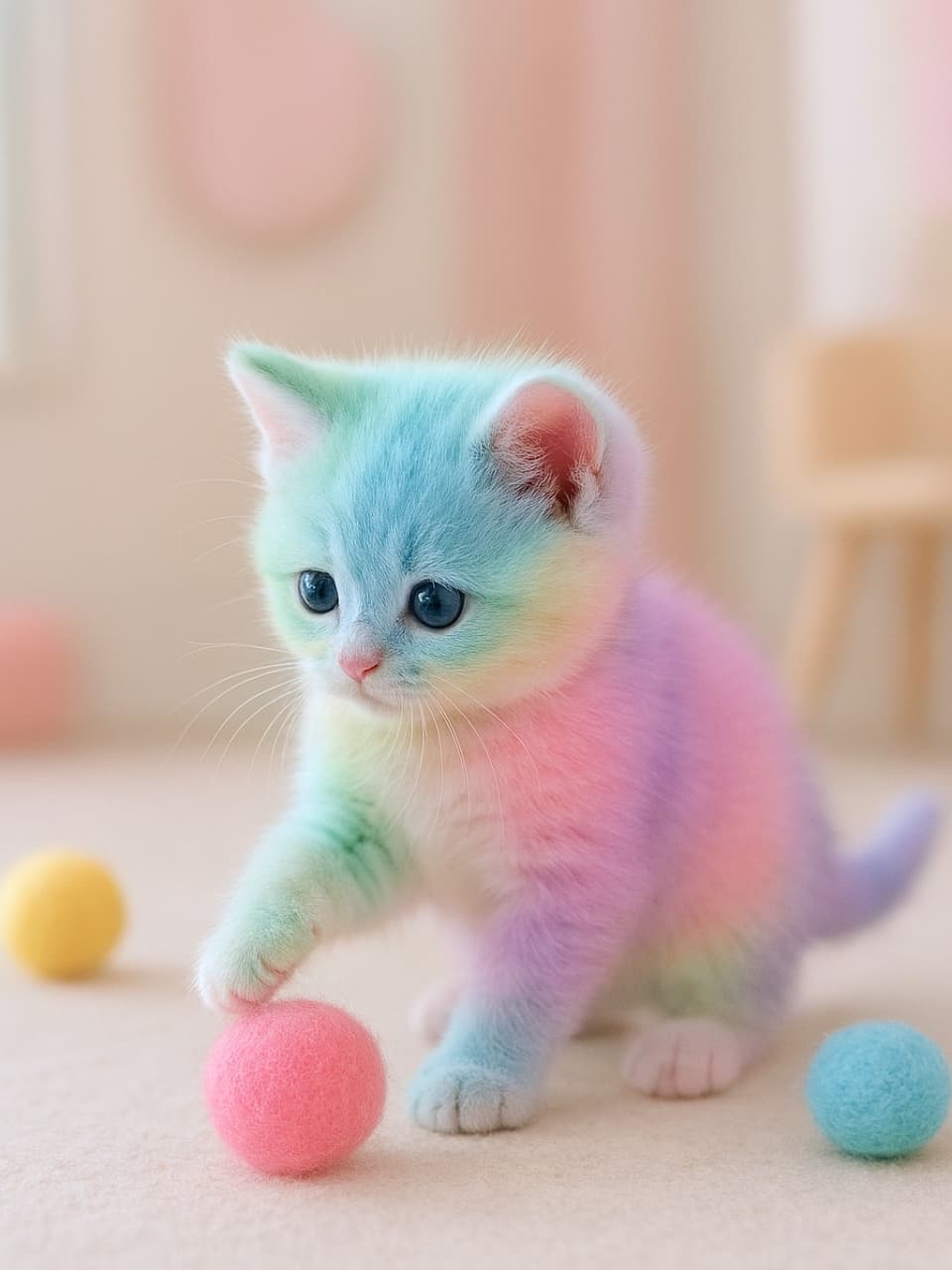 「ふわふわ虹色こねこ、毛糸玉と夢中タイム🎀💕」A pastel-colored kitten with mint green, baby blue, light pink, and lavender fur plays with soft wool balls in a bright, pastel-toned room. Its deep blue eyes gaze at a pink ball while surrounded by yellow and blue ones on a light floor. ミントグリーン、ベビーブルー、ライトピンク、ラベンダーの毛色を持つパステルカラーの子猫が、明るくパステルトーンの部屋で柔らかい毛糸玉と遊んでいます。青い瞳でピンクの毛糸玉を見つめ、黄色と水色の毛糸玉に囲まれています