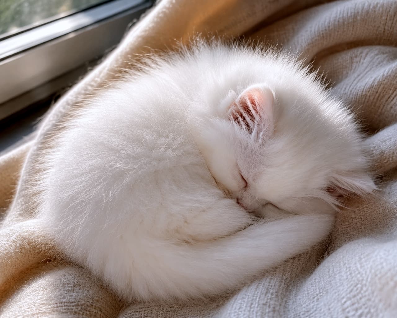 「ふわふわの雲の上にいるみたい…☁️ 窓辺の光に包まれて」An ultra-realistic high-quality photograph of a pure white, long-haired kitten deeply asleep, curled into a tight ball on a soft, beige knitted wool blanket. Natural light streams in from a window, backlighting and highlighting the delicate, fluffy edges of the white fur. The kitten is peacefully asleep with eyes closed, snout tucked in. Detailed textures of the soft fur and the knitted fabric. 窓辺でベージュ色の柔らかなニット毛布に包まれ、完全に丸くなって深く眠る純白の長毛種子猫。窓からの自然光が差し込み、白い被毛の端を繊細に輝かせている。子猫は完全に丸まり、小さな鼻と口元が被毛に埋もれ、安らかな表情で目を閉じている。白い被毛のふわふわとした質感とニットの編み目が詳細に捉えられている