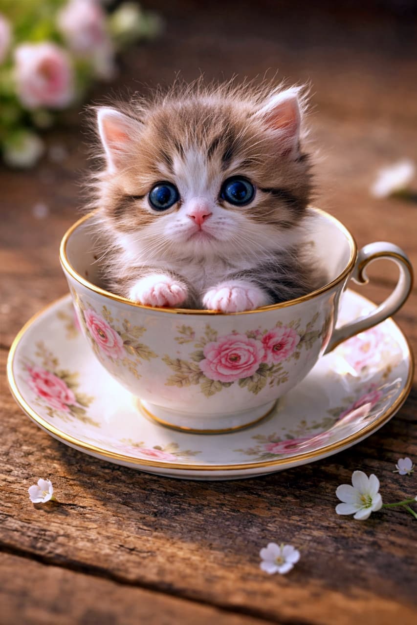 「ティーカップに入ったら世界最小級。飲めません、可愛すぎて。☕🐾」A macro photograph of an impossibly tiny fluffy kitten sitting inside a vintage floral teacup on a rustic wooden table, with huge round eyes and soft natural light. アンティーク調の花柄ティーカップの中にちょこんと座る、信じられないほど小さなふわふわの子猫を写したマクロ写真。大きな瞳と木製テーブルの温かい質感