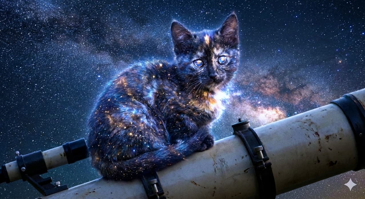 「毛並みがまるでプラネタリウム🌌 銀河をまとった子猫、瞳の奥まで星空が広がる神秘的な美しさです✨🔭」A striking photorealistic image from the "Ultimate AI Cat" series, featuring a kitten sitting on a telescope at night. Its dark fur displays a literal galaxy pattern with swirling nebulae, stars, and cosmic dust in blues, purples, and golds. Its eyes also reflect deep galaxies, blending seamlessly with the starry background. 満天の星空の下、望遠鏡の筒の上に座っている子猫。その暗い毛並みには、青、紫、金色の星雲や星屑が渦巻く「本物の銀河」のような模様が浮かび上がっている。瞳の中にも深い宇宙が反射しており、夜空と一体化したような神秘的で息を呑む美しさのファンタジーAI猫画像