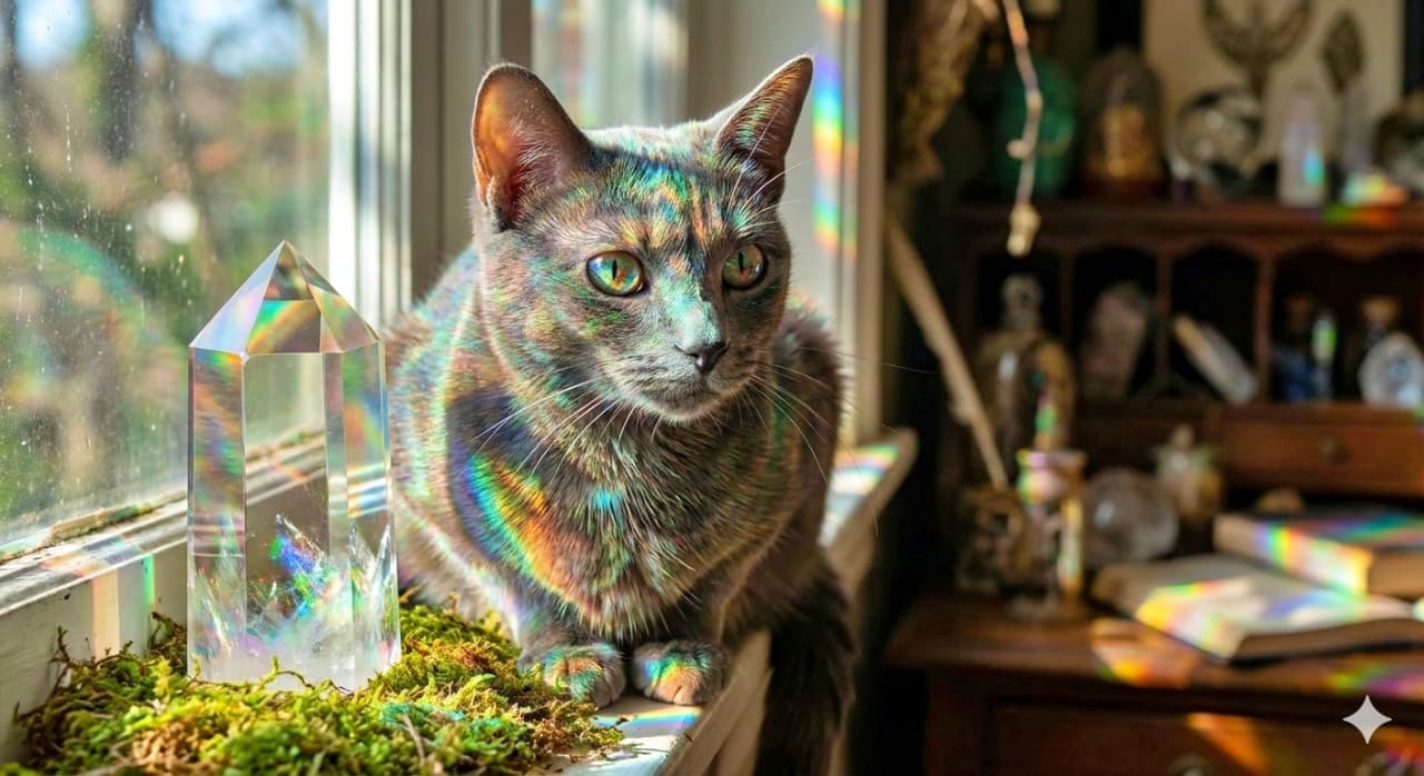 「まるで生きた宝石💎 オパールのように輝く毛並みの猫ちゃん。プリズムの虹色を纏って神々しい美しさです✨🌈」A portrait of a sleek adult fantasy cat sitting near a large crystal prism on a sunlit windowsill. Its fur shimmers like an opal gemstone, displaying iridescent flashes of green, blue, and orange depending on the light angle. The scene is illuminated by rainbows cast by the prism, creating a magical atmosphere. 陽光が降り注ぐ窓辺で、大きなクリスタルのプリズムの隣に座っている滑らかな毛並みのファンタジー猫。その毛皮はオパールのように輝き、光の当たる角度によって緑、青、オレンジなどの虹色の閃光(遊色効果)を放っている。プリズムが作り出す虹のスペクトルに包まれた、神秘的で美しいポートレート
