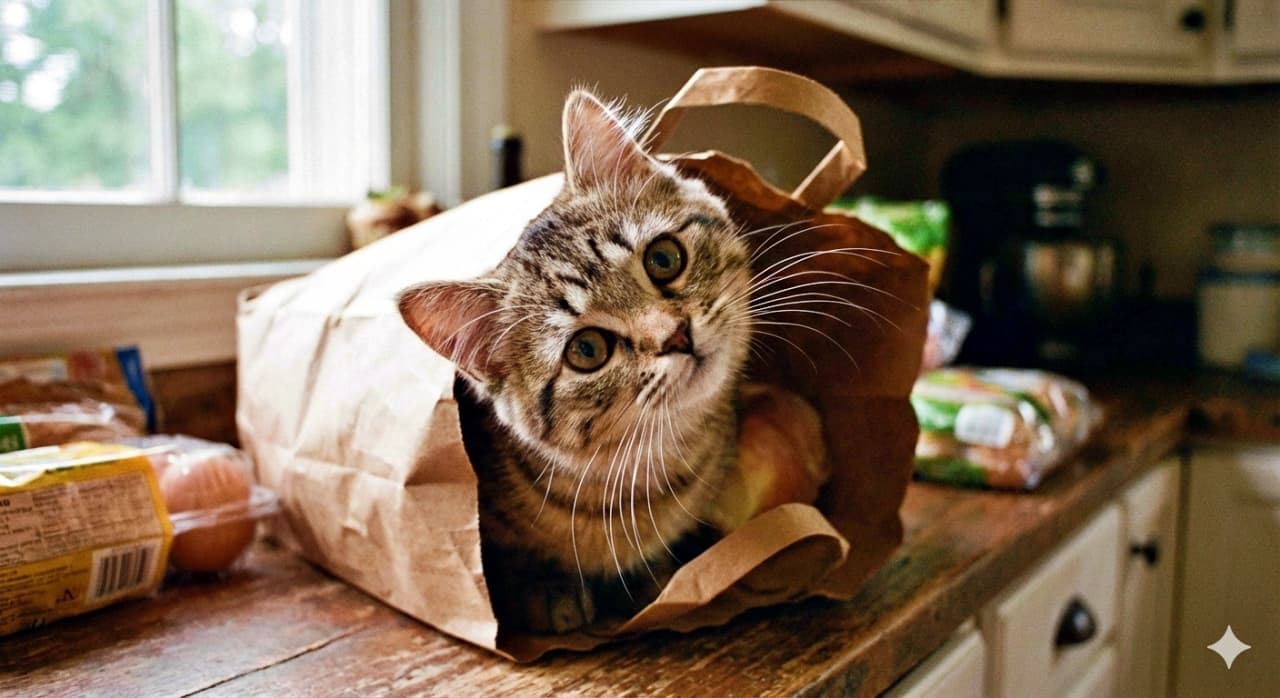 「「お届けものでーす!」📦 紙袋からひょっこり顔を出す丸顔の子猫。首かしげポーズがあざと可愛すぎます🥺💕」A candid shot of a super cute, round-faced tabby kitten peeking its head out of a brown paper grocery bag on a kitchen counter. The kitten tilts its head with a curious, innocent expression, highlighting its very long whiskers and wide eyes in the natural light. 明るいキッチンカウンターの上で、茶色の紙袋からひょっこりと顔を出している丸顔のキジトラ子猫。非常に長いひげを震わせながら、首をかしげて興味深そうにこちらを見つめている。無邪気で好奇心にあふれた表情を捉えた、とびきりキュートなスナップ写真