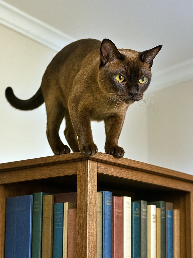 「静かなジャンプで頂点へ!本棚の王者、ビルマ猫の華麗な着地✨📚🐾」A photorealistic Burmese cat with sleek brown fur lands gracefully atop a tall wooden bookshelf, gazing downward with a proud, accomplished expression. フォトリアルなビルマ猫が、背の高い木製の本棚の上に完璧に着地し、誇らしげな表情で下を見下ろしている