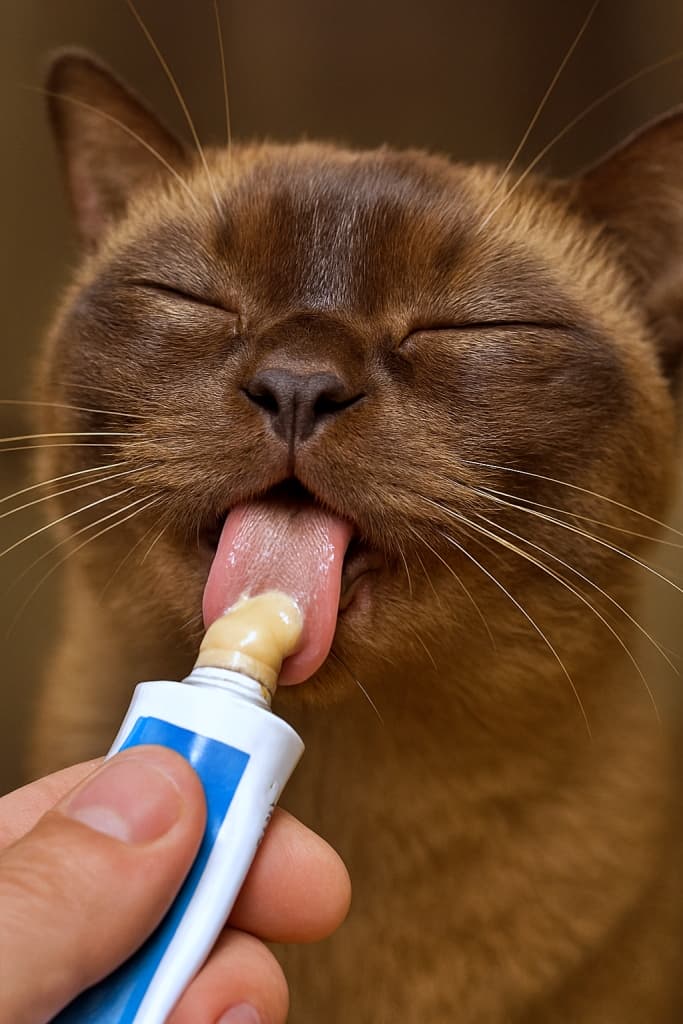 ✨「これぞ猫の楽園!チューブおやつで至福の瞬間」✨Extreme close-up of a Burmese cat’s face, eyes closed in bliss, savoring a creamy treat from a tube. バーミーズ猫の顔を極端にクローズアップ。目を閉じて至福の表情で、チューブから出るクリーミーなおやつを味わっている