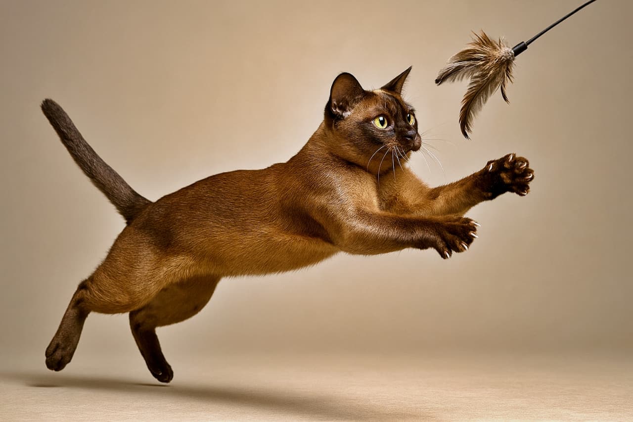 ✨「空中のハンター!羽根に狙いを定めた瞬間、バーミーズの美しさが炸裂!」✨A photorealistic Burmese cat in mid-air, muscles tense, leaping gracefully to catch a feathered toy. 写実的なバーミーズ猫が空中で羽のおもちゃに飛びかかり、緊張した筋肉が力強さを表している