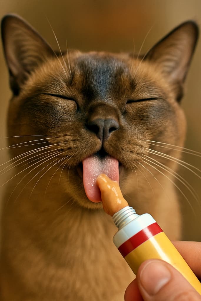 An extreme close-up of a Burmese cat with eyes closed in bliss, licking a creamy cat treat from a tube held by a human hand. チューブ状のおやつを舐めながら、恍惚とした表情で目を閉じるバーミーズ猫の顔を捉えた超接写写真