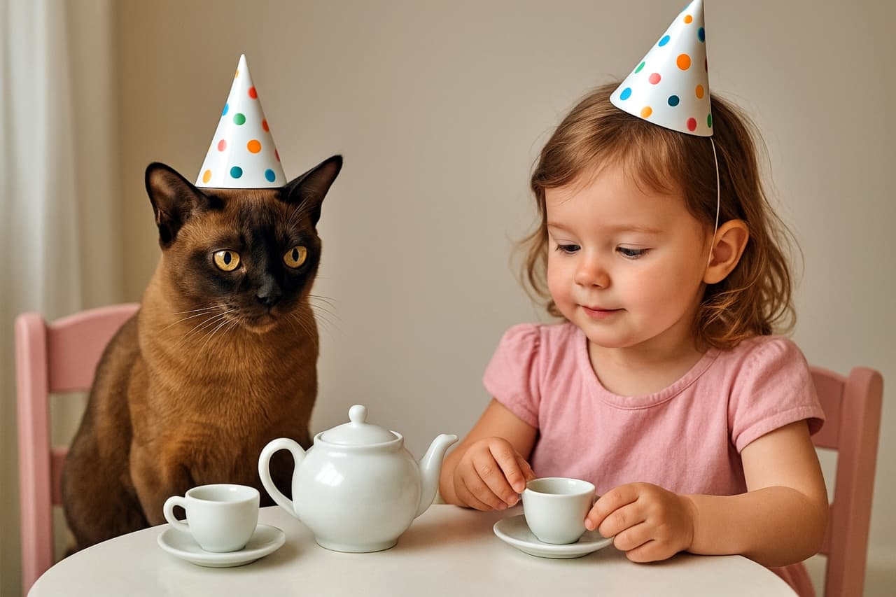 A patient Burmese cat wearing a small party hat sits calmly at a children’s tea party table with a little girl, creating a heartwarming and whimsical scene in a softly lit room. 小さなパーティーハットをかぶったバーミーズ猫が、女の子と一緒に子ども用のティーパーティーテーブルに座っている、心温まる微笑ましい光景
