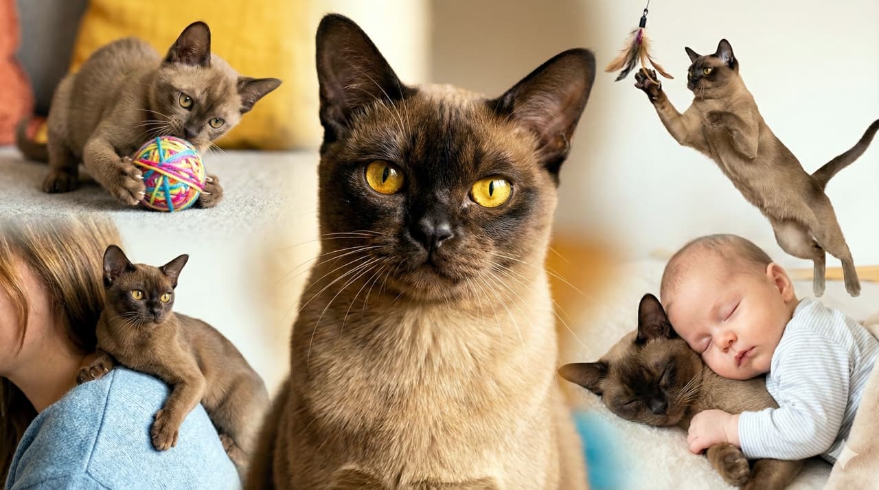 Collage of a Burmese cat in five scenes: a central close-up of its yellow eyes and sleek brown fur, surrounded by moments of play with yarn, perching on a shoulder, leaping for a feather toy, and cuddling a sleeping baby. バーミーズ猫の多場面コラージュ。中央には黄色い瞳と艶やかな茶色の毛並みを捉えたアップ、周囲には毛糸で遊ぶ姿、人の肩に乗る様子、羽のおもちゃに跳びかかる瞬間、赤ちゃんと寄り添う場面が並ぶ。愛情深く活発な性格が伝わる構成
