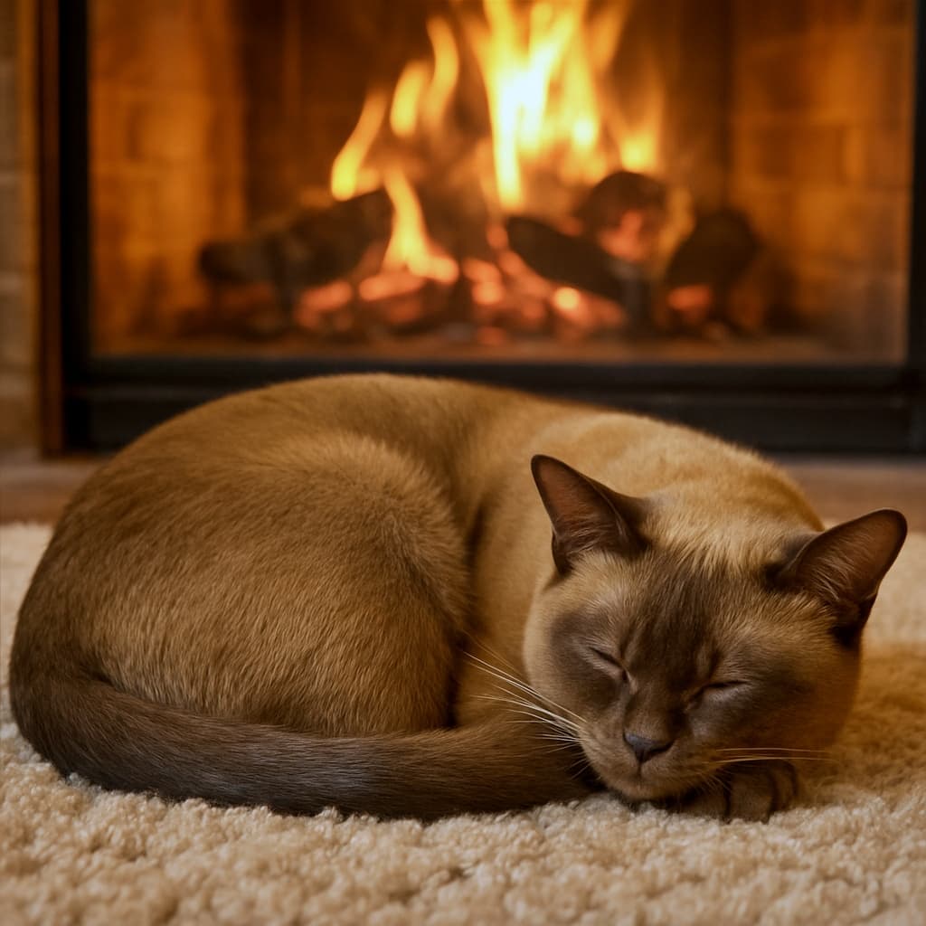A content Burmese cat curled into a perfect circle on a plush rug, resting peacefully in front of a warm, crackling fireplace. 暖炉の前のふかふかしたラグの上で、満足そうに丸くなって眠るバーミーズ猫
