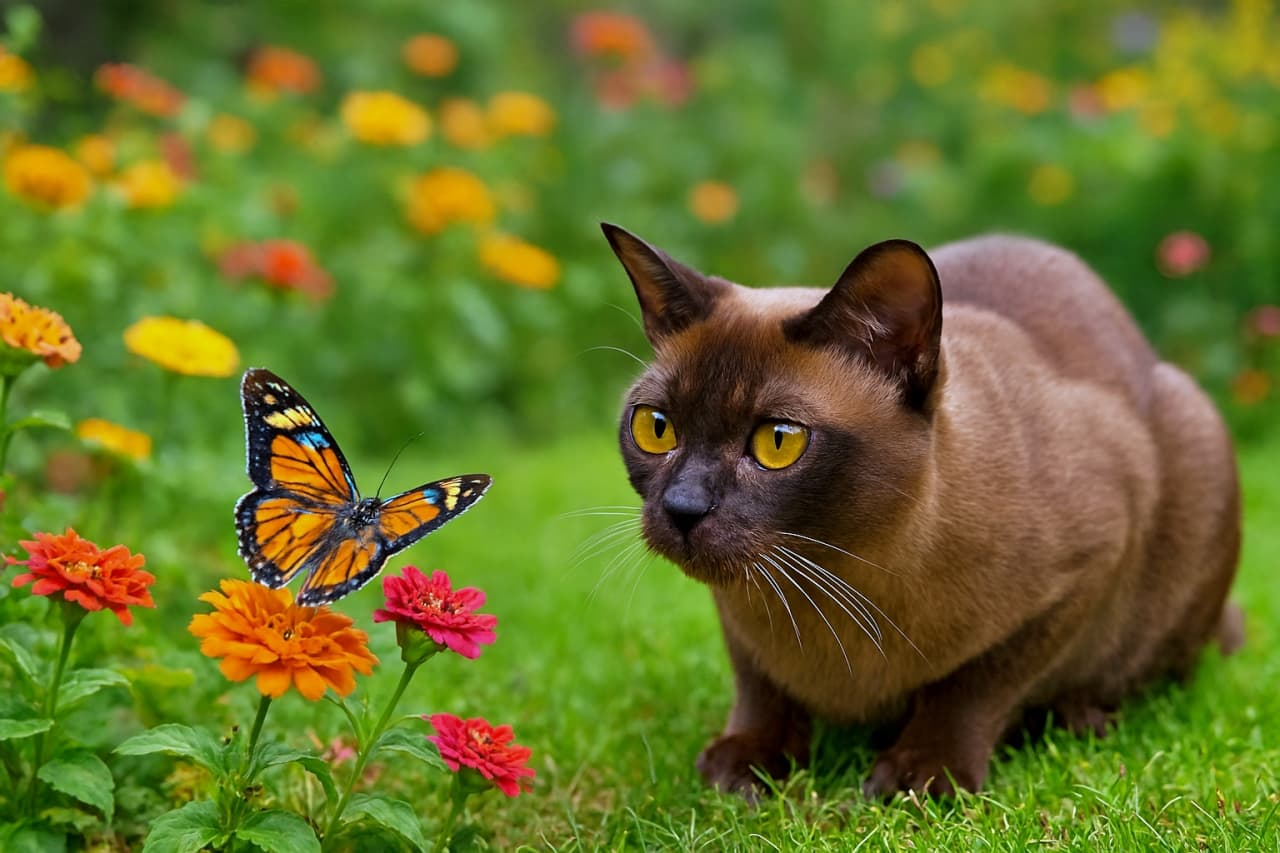 「庭の小さな奇跡✨ バーミーズ猫が蝶の舞を見守る、心ときめく瞬間!」A photorealistic sable Burmese cat crouches low in a lush garden, intently observing a colorful butterfly perched on a flower. The cat’s amber eyes are wide with curiosity, its posture calm and non-threatening, surrounded by vibrant blossoms and soft natural light. 写実的なセーブルのバーミーズ猫が、美しい庭で身を低くして、花に止まった色鮮やかな蝶をじっと観察しています。猫の琥珀色の瞳は好奇心に輝き、狩るのではなく穏やかに見守り、鮮やかな花々と柔らかな自然光に包まれています