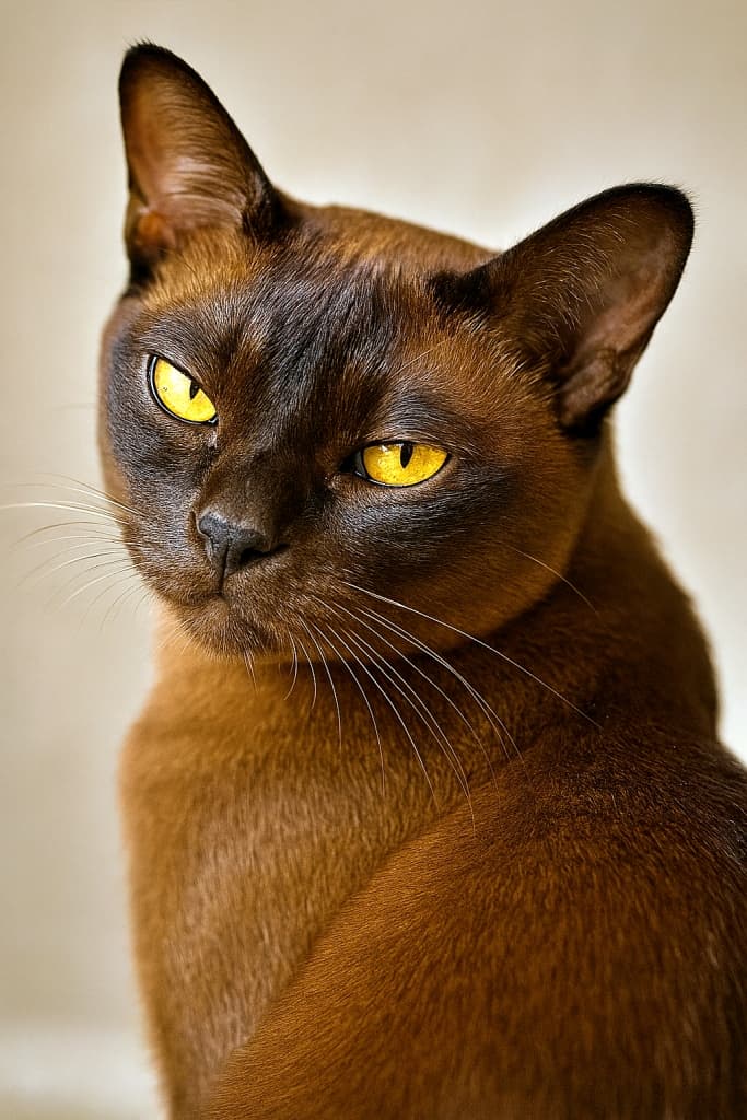 ✨「その瞳に吸い込まれる…バーミーズの魔性のまなざし!」✨A photorealistic close-up of a Burmese cat turning its head over its shoulder with a sultry, knowing glance. The golden eyes are the main focus, glowing against its sleek chocolate-brown coat. フォトリアルなバーミーズ猫のクローズアップ。肩越しに振り返り、艶やかで意味深な視線を送る。黄金色の瞳が主役となり、滑らかな濃茶色の毛並みと対比して輝いている