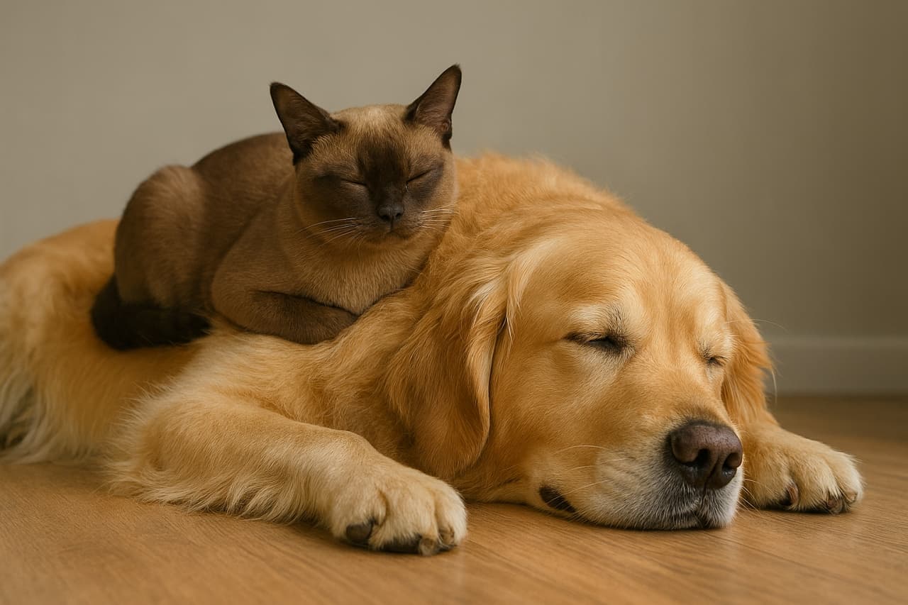 「まさかのコンビ!猫とワンコの癒しのシェアタイム💤🐾」A photorealistic Burmese cat peacefully naps on the back of a large Golden Retriever, both resting together in warm natural light. フォトリアルなバーミーズ猫が、大きなゴールデンレトリバーの背中で穏やかに眠り、優しい光に包まれた心温まる友情の瞬間