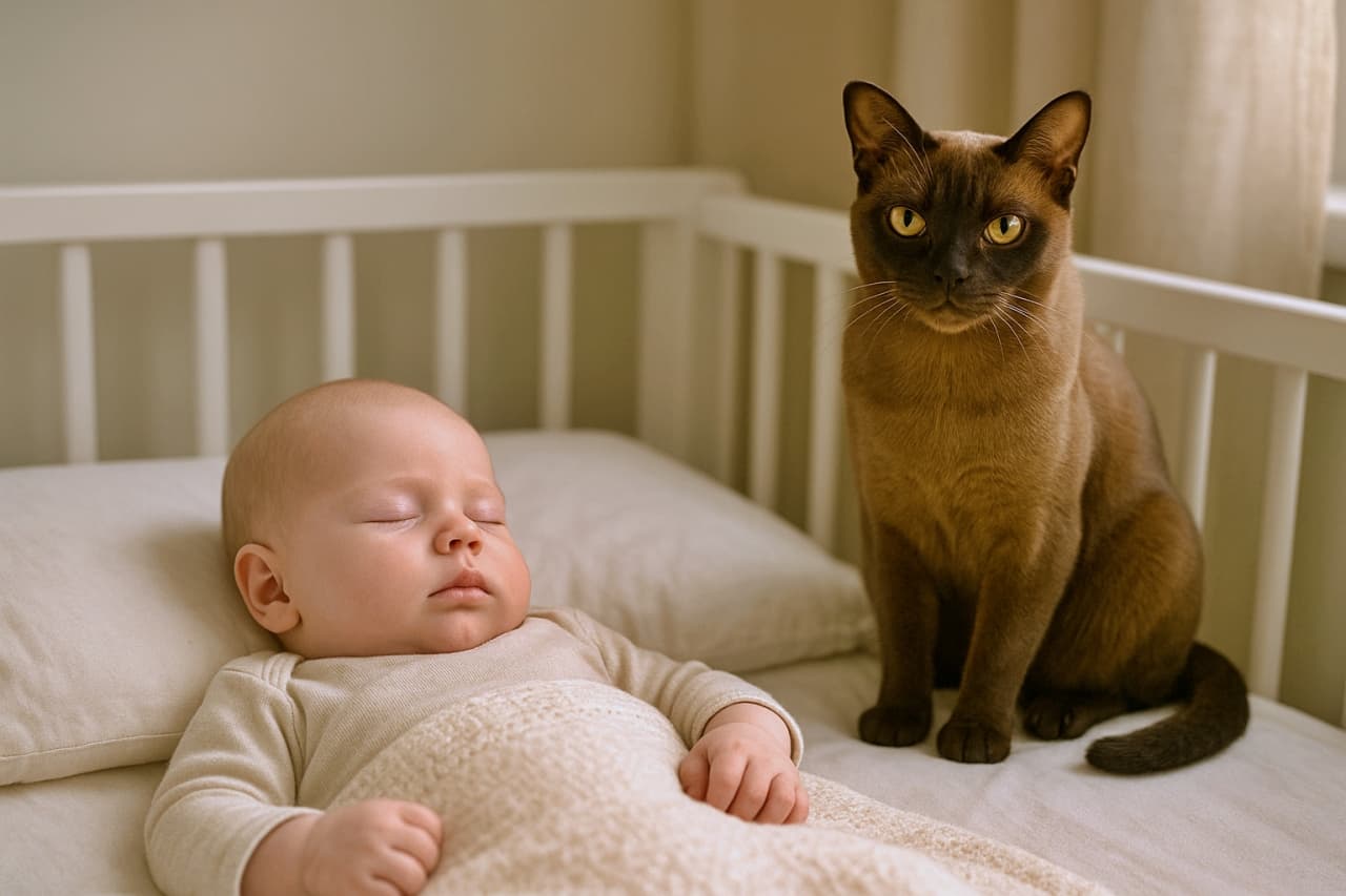 A calm Burmese cat sits watchfully beside a sleeping baby in a white crib, creating a gentle and trusting atmosphere in a softly lit nursery. 白いベビーベッドで眠る赤ちゃんのそばに、穏やかに見守るように座るバーミーズ猫。やさしい光に包まれた信頼と安らぎの空間