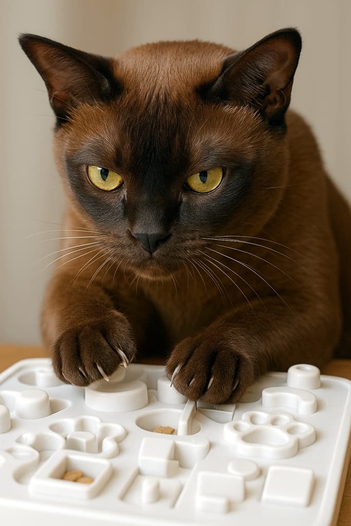 Close-up of a highly intelligent Burmese cat intensely focusing as it skillfully manipulates an interactive puzzle feeder with its paws to release treats. おやつを取り出すために、知的な表情でインタラクティブなパズルフィーダーを器用に操作するバーミーズ猫の顔と前足のクローズアップ