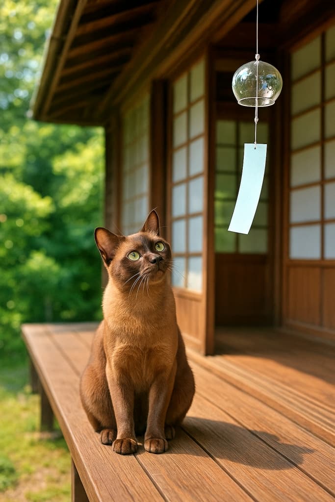 A photorealistic Burmese cat sitting on the wooden veranda of a traditional Japanese house in summer, tilting its head while listening to a glass wind chime hanging nearby. 夏の伝統的な日本家屋の木製縁側に座り、近くに吊るされた風鈴の音に耳を傾けて首をかしげるバーミーズ猫のフォトリアルな写真