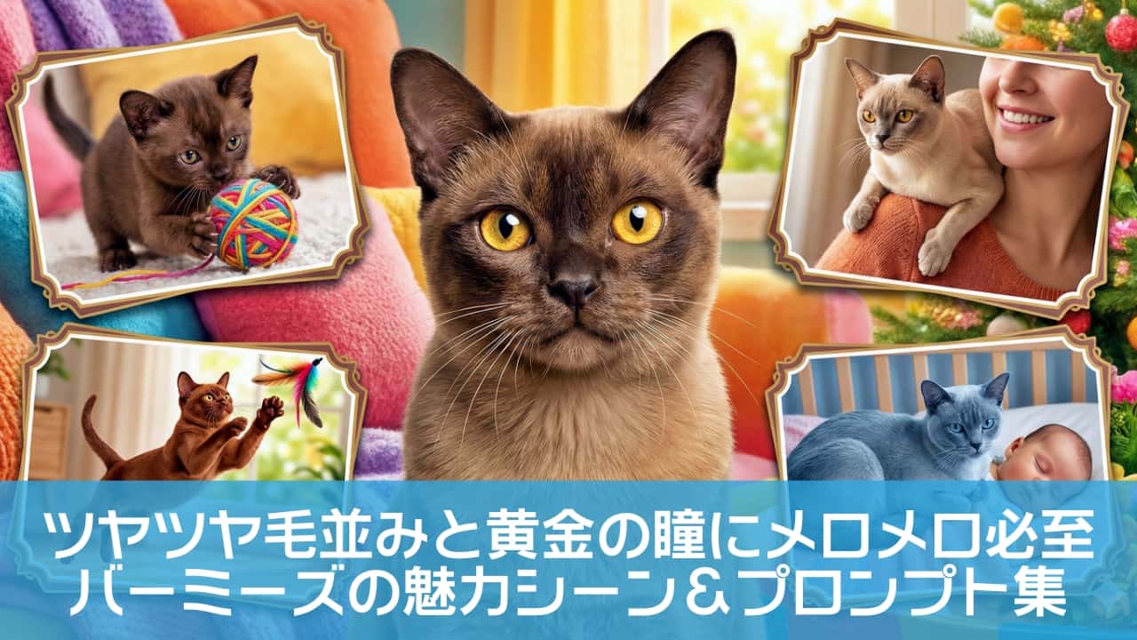 ✨「バーミーズの魅力全部入り！遊んで、寄り添って、飛んで、眠って…心がほっこりする愛情モンタージュ」✨A central portrait of a Burmese cat with golden eyes is surrounded by four smaller scenes: a kitten playing with a yarn ball, a cat leaping mid-air to catch a feather toy, a light-colored Burmese perched calmly on a person's shoulder, and a gray Burmese resting beside a sleeping baby. The background features colorful knitted blankets and a festive Christmas tree, evoking warmth and domestic joy. 金色の瞳を持つバーミーズ猫の中央ポートレートを囲むように、4つの小さなシーンが配置されている：毛糸玉で遊ぶ子猫、羽根のおもちゃに飛びかかる猫、人物の肩に穏やかに乗る淡色のバーミーズ、眠る赤ちゃんのそばで静かに横たわる灰色のバーミーズ。背景にはカラフルな編み物のブランケットとクリスマスツリーがあり、家庭的な温もりと祝祭感が漂っている