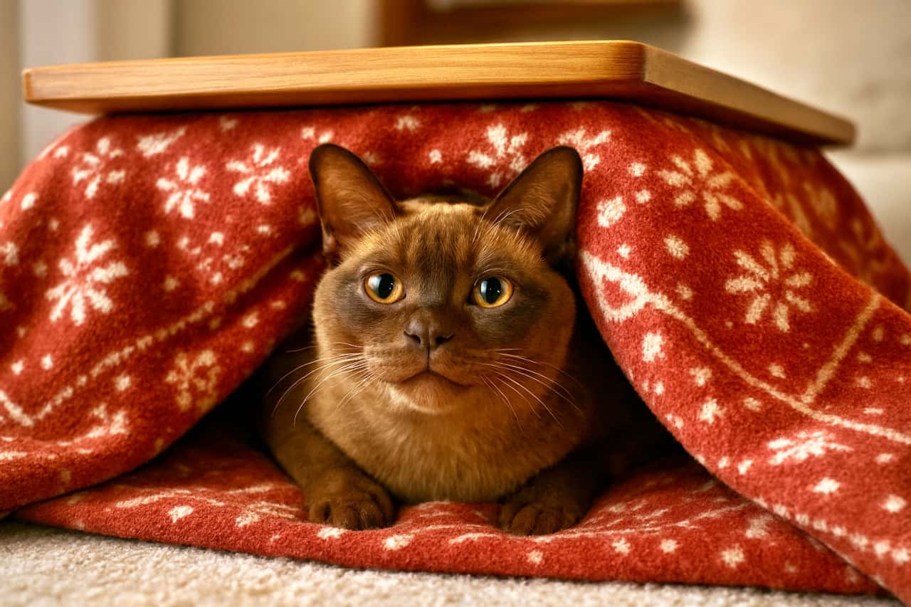 「ぬくぬくこたつからひょっこり!バーミーズ猫の幸せ顔に癒される〜」A photorealistic Burmese cat with chocolate-brown fur peeks its head out from under a red patterned kotatsu blanket, looking warm, cute, and extremely comfortable. 赤い模様のこたつ布団から、チョコレート色の毛並みを持つバーミーズ猫が顔を覗かせ、暖かくてとても心地よさそうに見えるフォトリアルなシーン