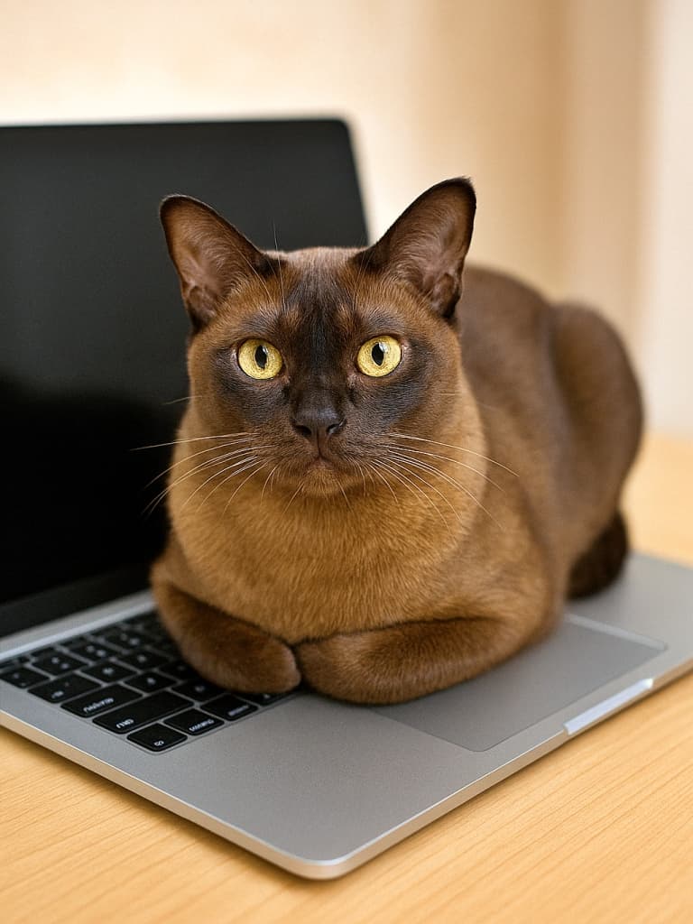 ✨「お仕事よりボクでしょ?」無邪気な王様バーミーズが今日も作業をストップ!👑💻🐾A photorealistic Burmese cat loafs regally on a laptop keyboard, blocking work, gazing innocently at its human. フォトリアルなバーミーズ猫がノートPCのキーボードに堂々と香箱座りし、作業を妨げながら「何が問題なの?」と無邪気に見つめている