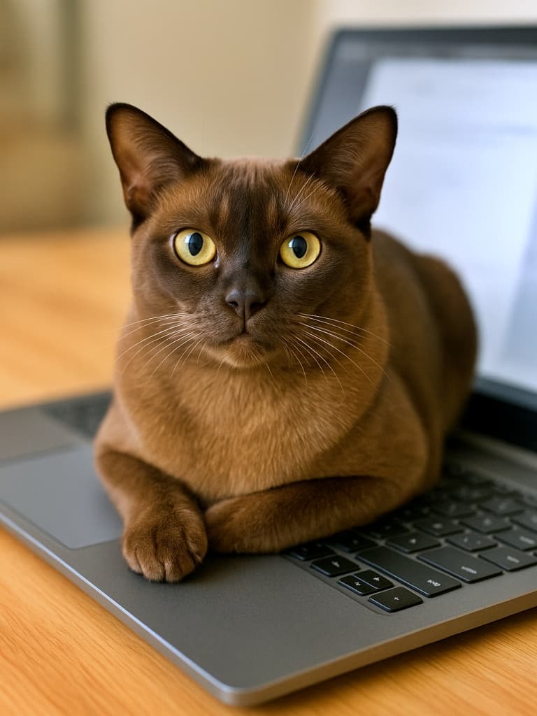 A regal Burmese cat loafing on a laptop keyboard, blocking work completely while looking at its owner with an innocent, questioning expression. ノートパソコンのキーボードの上で香箱座りをするバーミーズ猫が、作業を完全に妨害しながら「何か問題でも?」と言いたげな無垢な表情で人間を見つめている様子