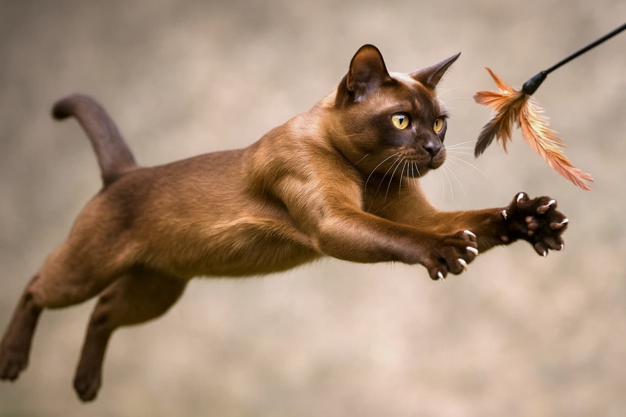 An athletic Burmese cat captured mid-air as it leaps gracefully to catch a feathered toy, muscles tensed and eyes sharply focused, photographed in high resolution. 羽根のおもちゃを捕まえようと宙に舞う、筋肉が引き締まり集中した表情のバーミーズ猫を高解像度で捉えた躍動感ある写真