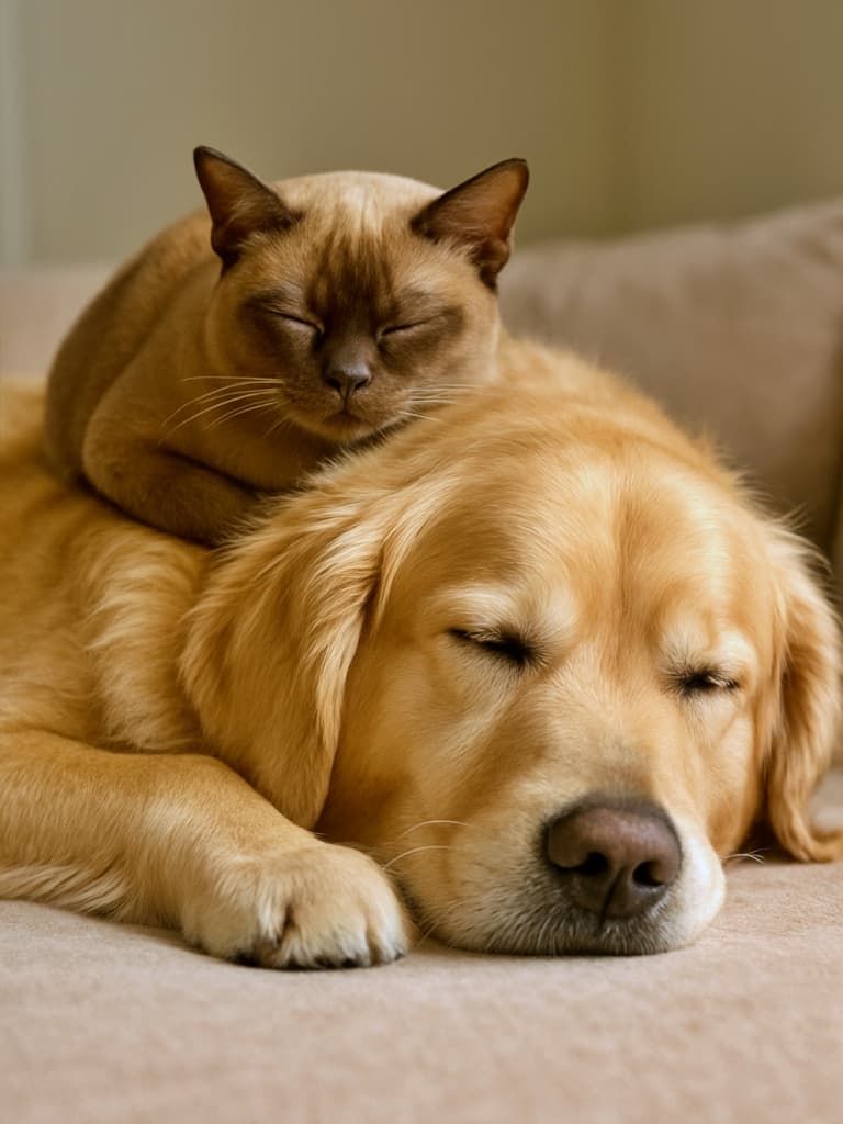A gentle Burmese cat peacefully napping on the back of a large Golden Retriever, both sleeping calmly together, showing a heartwarming interspecies friendship. 大きなゴールデン・レトリバーの背中の上で、バーミーズ猫が穏やかに眠っている様子。仲睦まじく寄り添う、心温まる異種間の友情のシーン