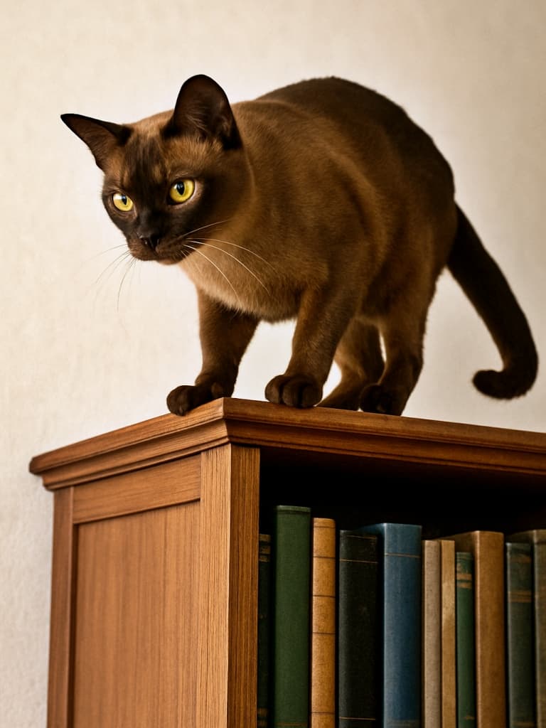 A powerful Burmese cat standing silently on top of a tall bookshelf, looking down with a confident and accomplished expression, photorealistic high-resolution image. 背の高い本棚の上に静かに着地し、達成感あふれる表情で見下ろす力強いバーミーズ猫のフォトリアルな高解像度画像