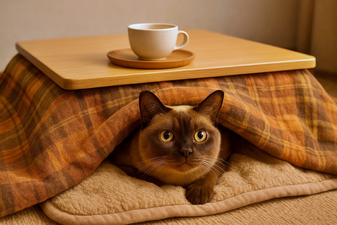 A funny and cozy photorealistic scene of a Burmese cat peeking out from under a Japanese kotatsu table, looking warm, relaxed, and extremely comfortable. 日本のこたつの中から顔をのぞかせ、ぬくぬくと心地よさそうにくつろぐバーミーズ猫のユーモラスで可愛らしいフォトリアルなシーン